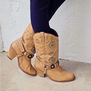 Dingo Addie Women’s Harness Boots Mid-Calf Rhinestone Western Rodeo Cowgirl Tan